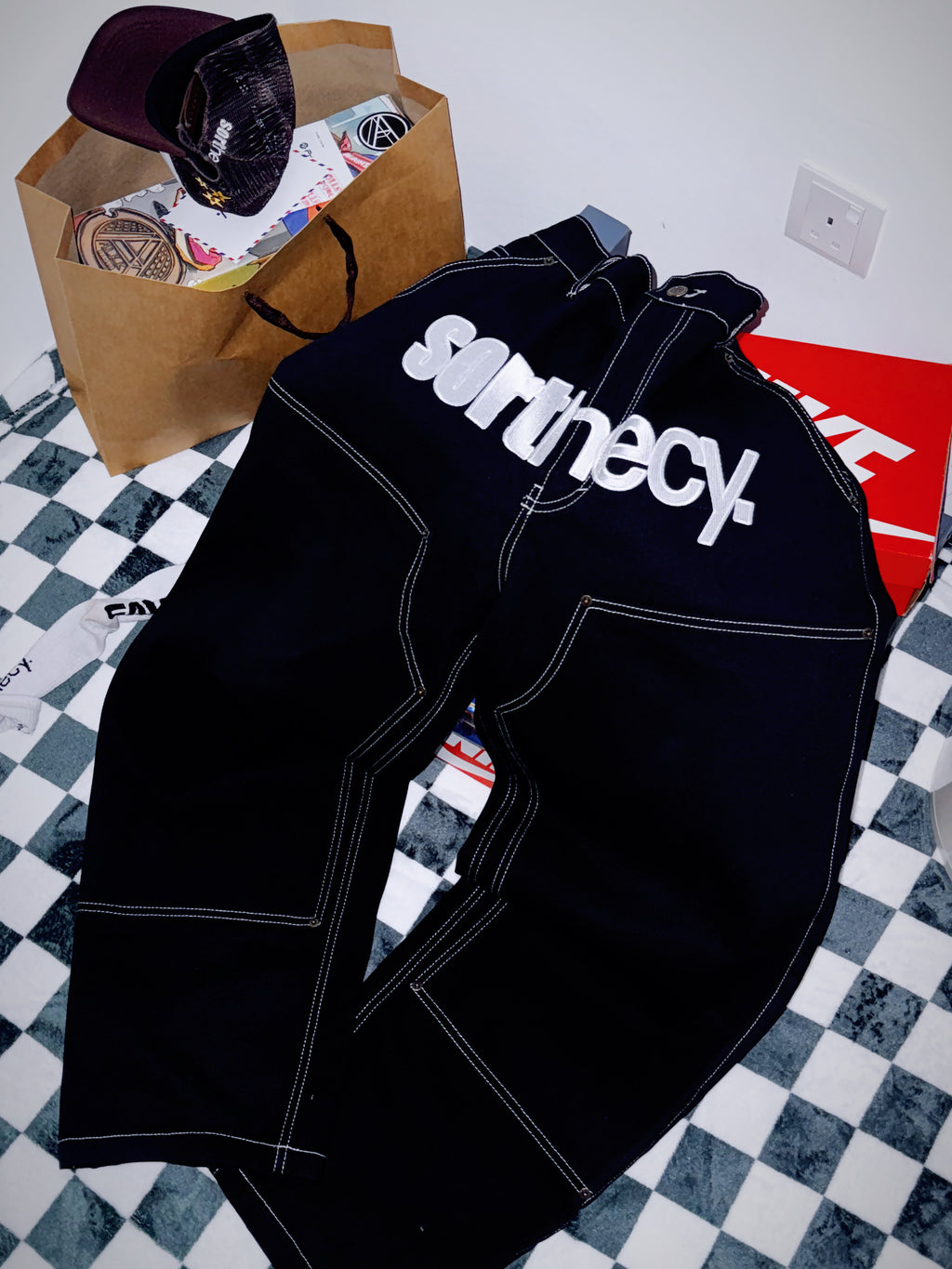 SORTHECY DOUBLE KNEE BAGGY BLACK DENIM PANTS