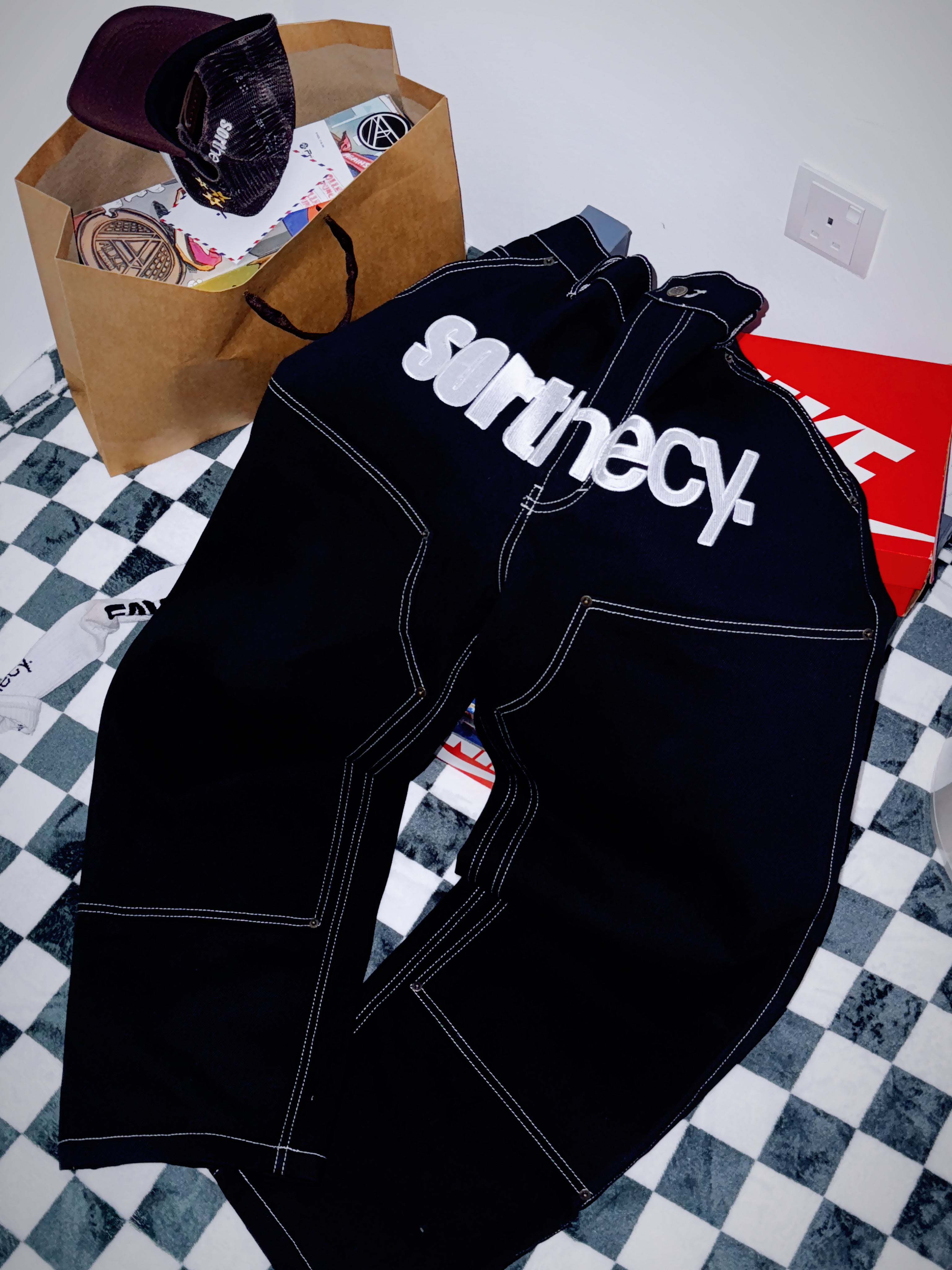 SORTHECY DOUBLE KNEE BAGGY BLACK DENIM PANTS