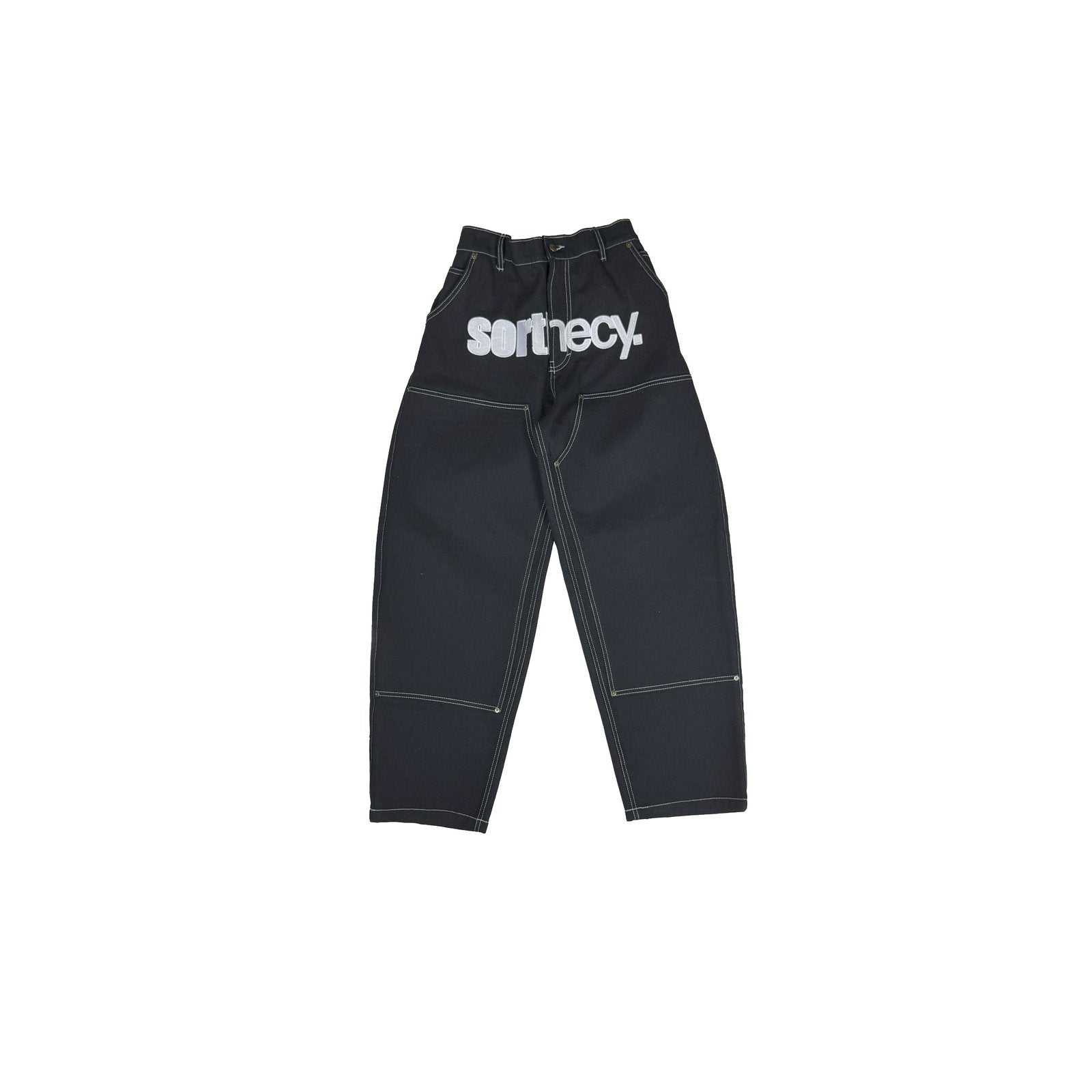 SORTHECY DOUBLE KNEE BAGGY BLACK DENIM PANTS